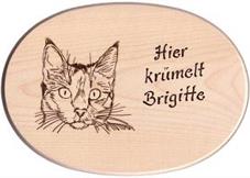 Schneidbrett Katzenkopf, Gravur: Hier krmelt Brigitte